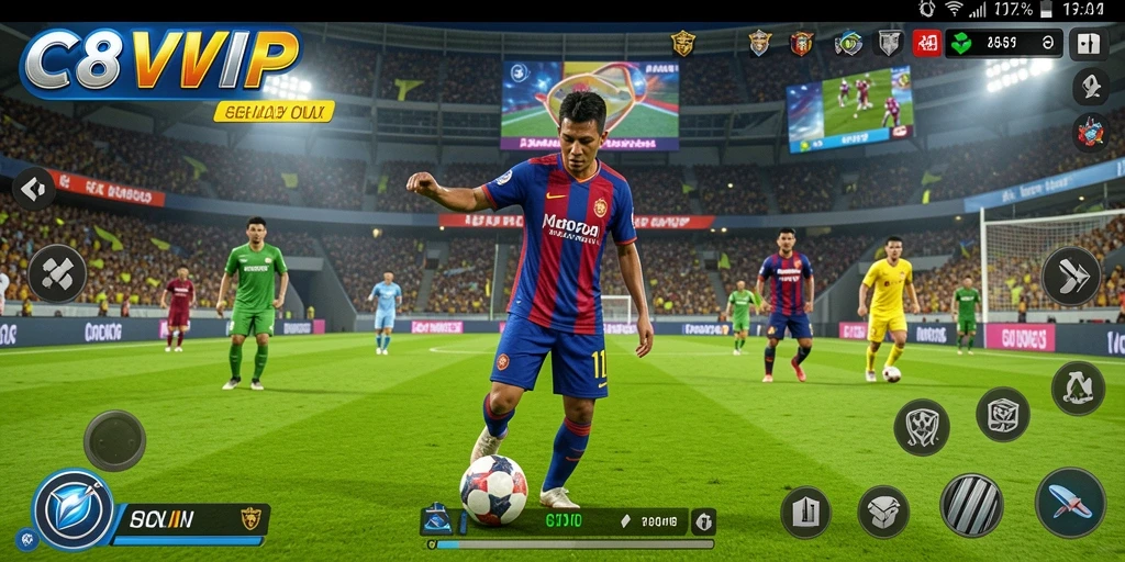 Screenshot C8VIP menampilkan aksi seru di lapangan sepak bola.