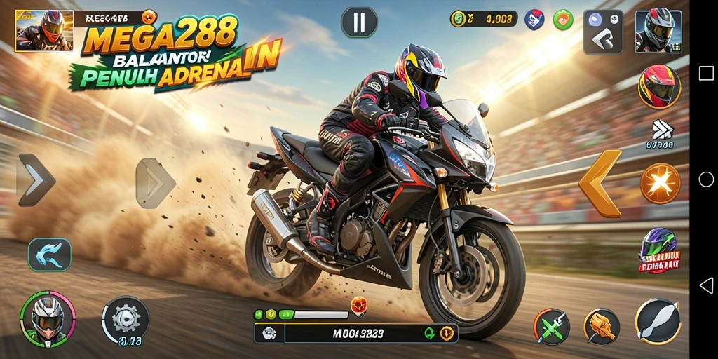 Tampilan gameplay mendebarkan di MEGA288 dengan motor balap yang cepat.