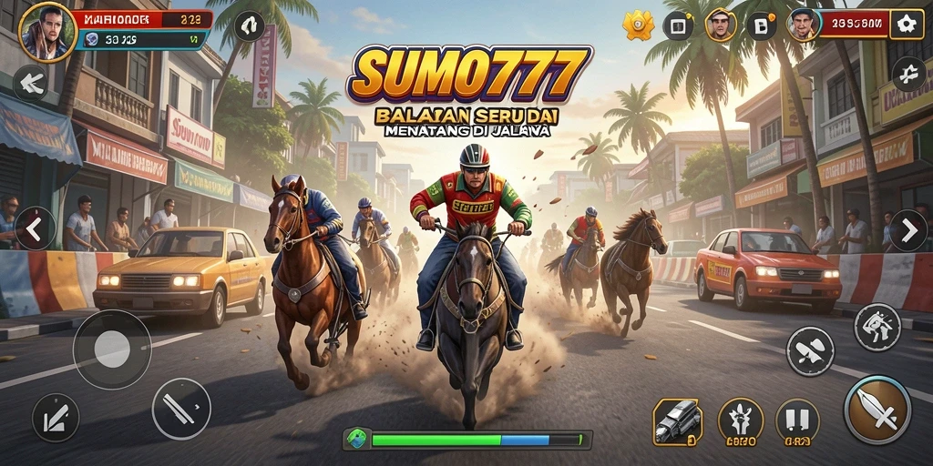 Tangkapan layar gameplay SUMO777 menunjukkan aksi balapan yang mendebarkan.